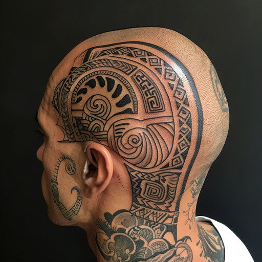Head tattoos with tribal elements, in the style of Ami James