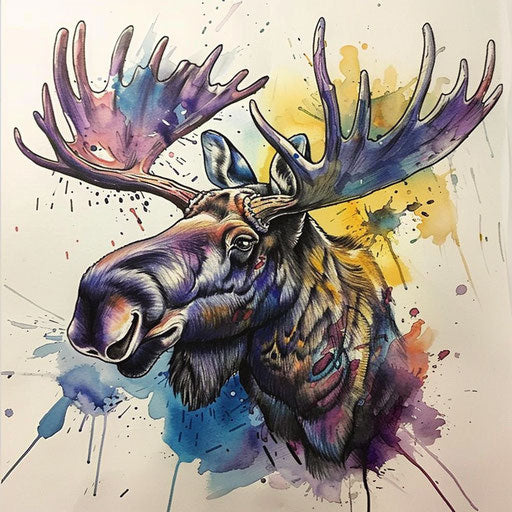 Artistic flat sketch of a moose with watercolor splashes