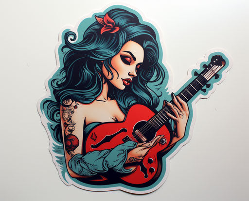 Blue electric guitar with glamorous pin-up girl
