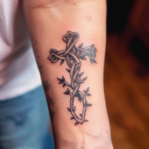 Celtic cross wrapped in a vine of thorns, symbolizing strength and endurance