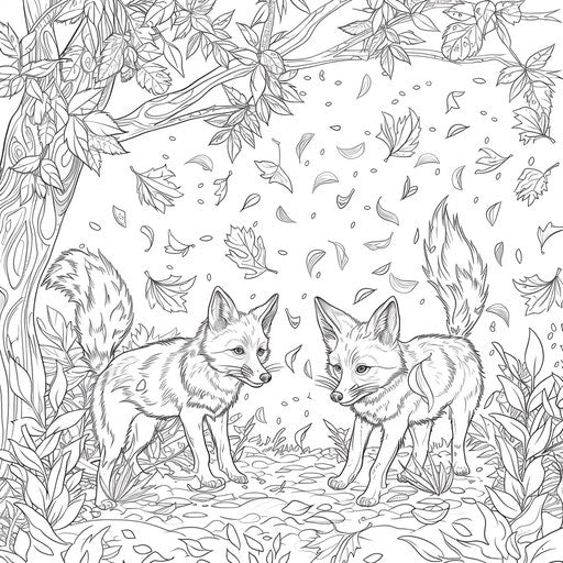 Family of foxes playing in a forest with falling leaves. Coloring book page