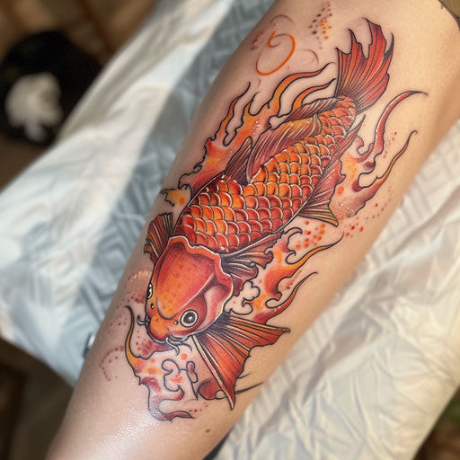 Japanese-inspired fire tattoo, a koi fish with fiery scales swimming upwards