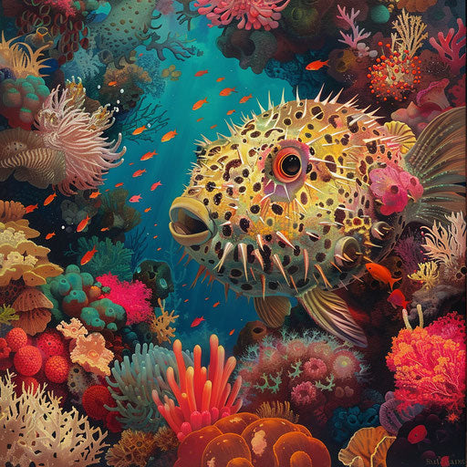 Puffer fish in a colorful coral garden