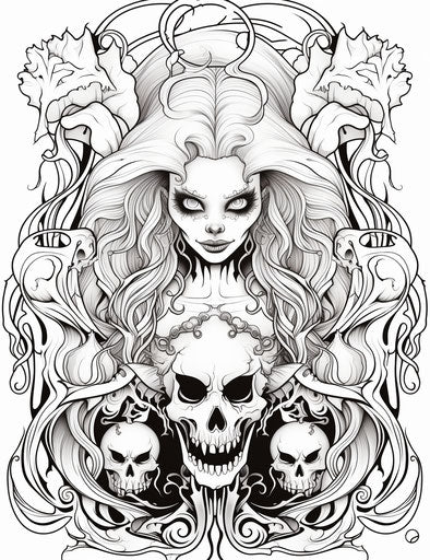 Halloween coloring pages with a ghost and witch, in the style of cosmic jester