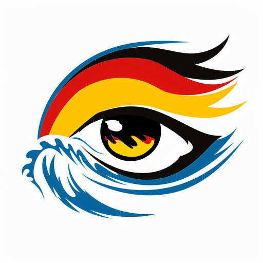 Eye logo with eyes and blue wave, yellow and red style