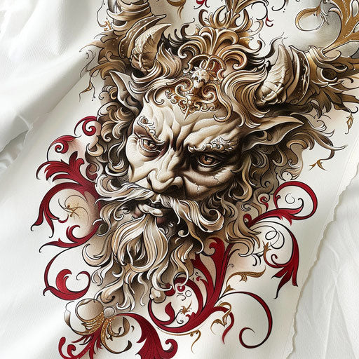 Baroque devil tattoo with gold and red details on white canvas