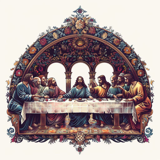 The Last Supper in exotic flat tattoo style with ornate patterns and rich jewel tones