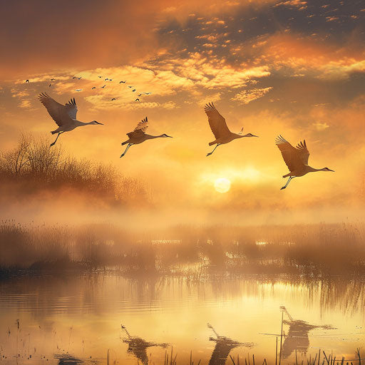 Sandhill cranes flying over dawn wetlands