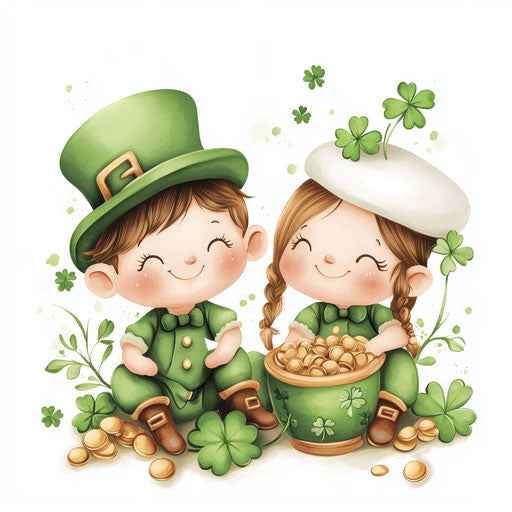St. Patrick's Day baby leprechaun sublimation design, white background, cute kawaii-style baby Irish characters sitting next to pots of gold and green shamrocks, wearing a white hat on their head.
