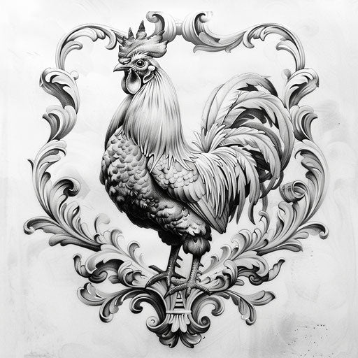 Baroque style rooster tattoo, rich in detail and luxury