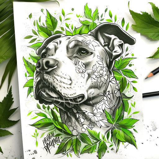 Natural pitbull tattoo with floral patterns and green leaves