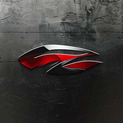 Sportscar logo with sleek typography and bold red and black color palette, on a metallic background