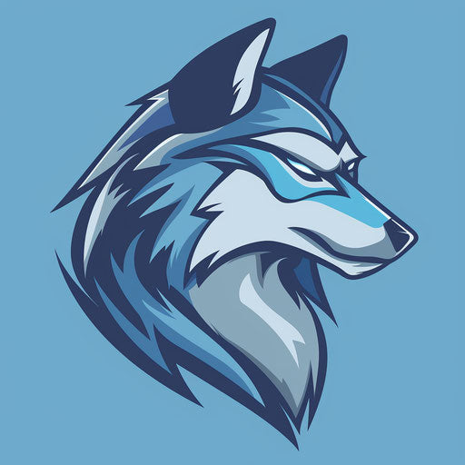 Sleek wolf sports logo in blue and gray on sky blue background