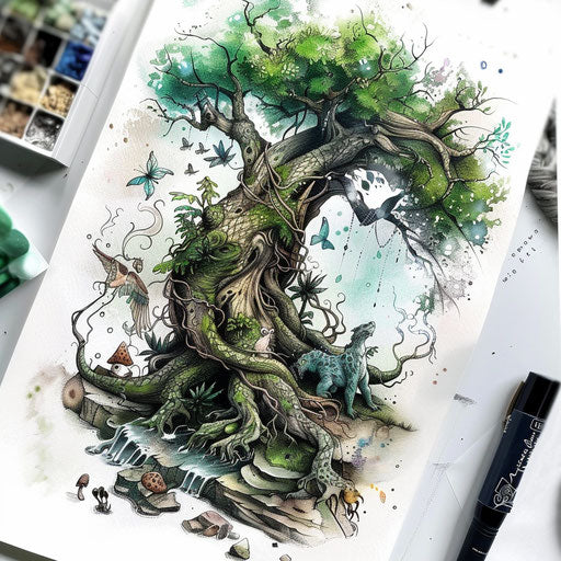 Fantasy forest with magical creatures and ancient tree