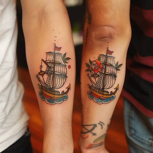 Couple tattoo with classic anchor and ship