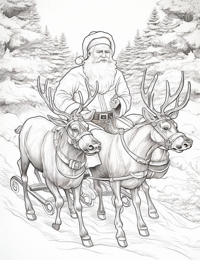 Santa Claus coloring page with his reindeer, animated GIF style