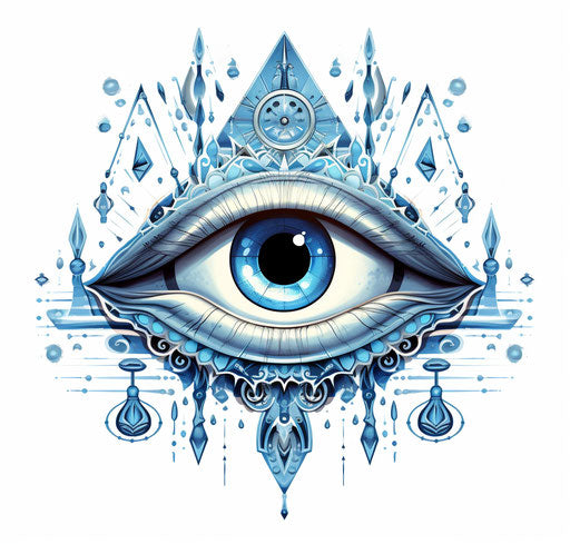 Blue eye with arrows, whimsical composition, lunarpunk