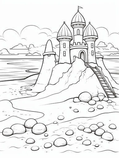 Beach with sand castle and toys coloring page