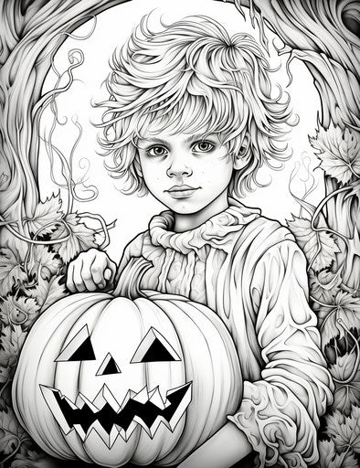 Halloween coloring pages the boy and the pumpkin, colorful kitsch style, detailed foliage, light yellow and light aquamarine, detailed drapery 24:31