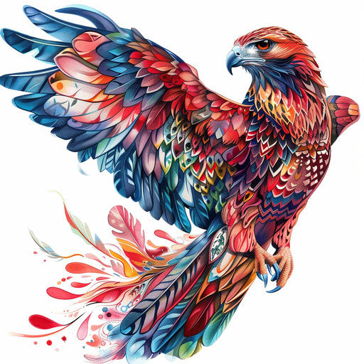 Intricate hawk tattoo design with vibrant colors on white