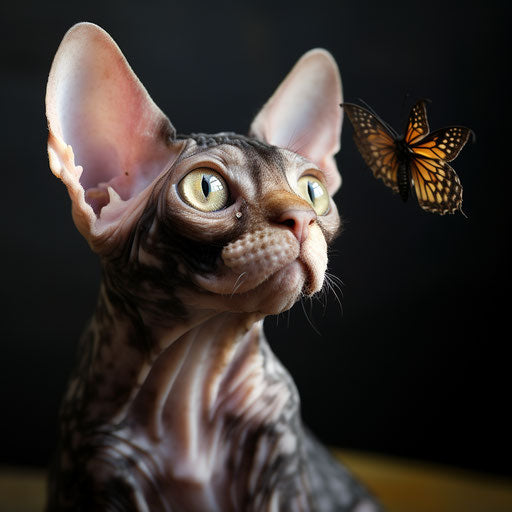 Cornish Rex cat staring at an insect