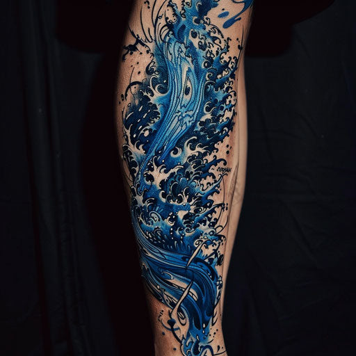 Dynamic flat tattoo sketch of a chaotic storm scene, rich in dark blue tones