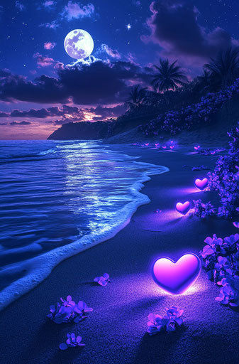 Glowing purple hearts on the beach at night, with moon and