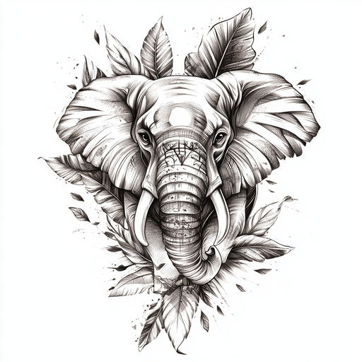 Elephant surrounded by feathers and leaves on white