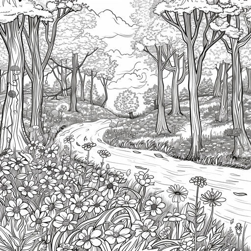 Forest clearing filled with wildflowers and soft dappled sunlight. Coloring book page
