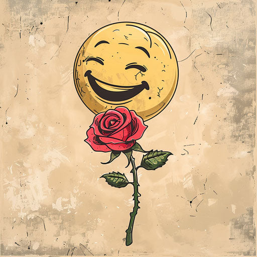Smiling emoticon holding a red rose