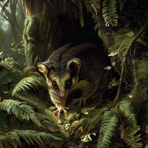 Exploring the dense underbrush of a forest by a sugar glider