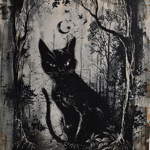 Gothic tattoo sketch of Bastet lurking in a dark enchanted forest