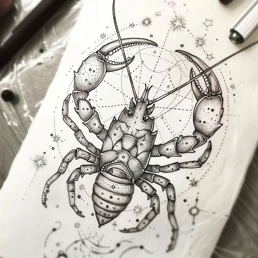 Monochrome tattoo sketch of Cancer constellation with intricate shading and depth