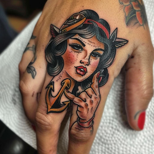 Finger tattoo with classic pin-up girls and anchors, Sailor Jerry style