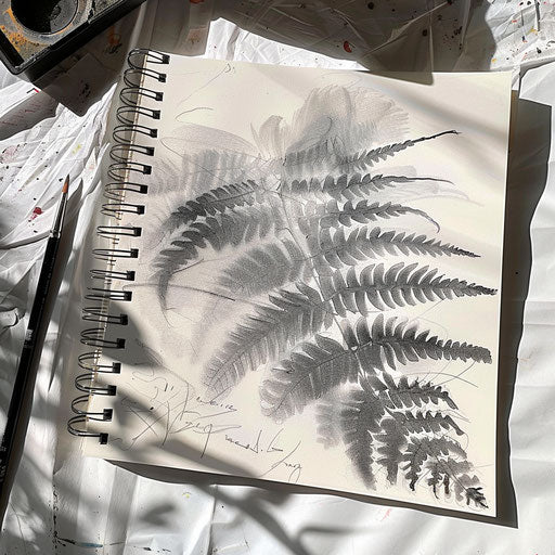 Abstract fern tattoo sketch in charcoal on white sketchpad