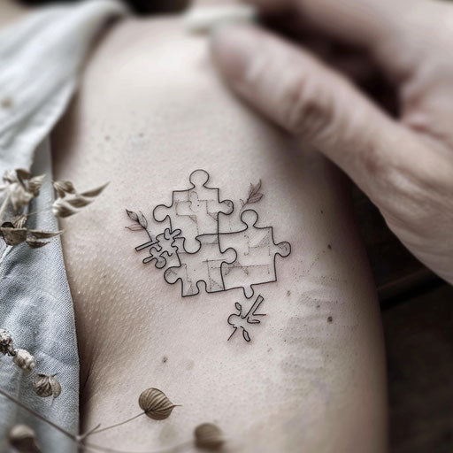 A delicate puzzle piece tattoo in a fine line art style