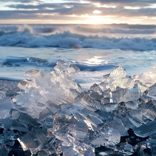 Ice crystals on Diamond Beach with waves in the background