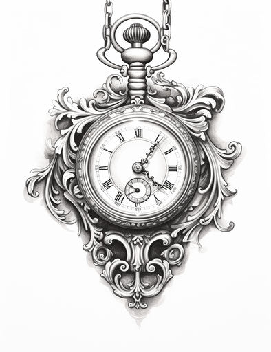 Pocket watch tattooed in grisaille style, storybook illustration, blink-and-you-miss-it detail, Italian touch, adox silvermax, tumblewave, symbolic props