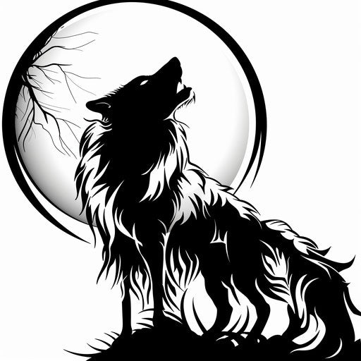Stylized wolf howling at the moon, tribal hunting tattoo design