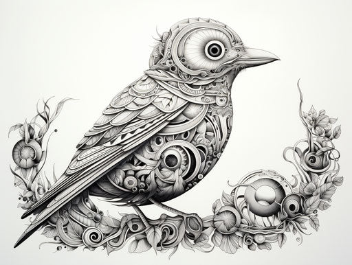 Bird drawing in black ink, intricate patterns, Quito school