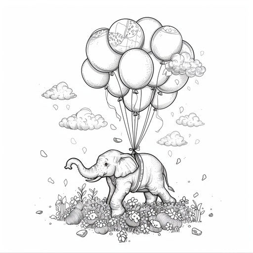 Elephant floating with balloons. Coloring book page