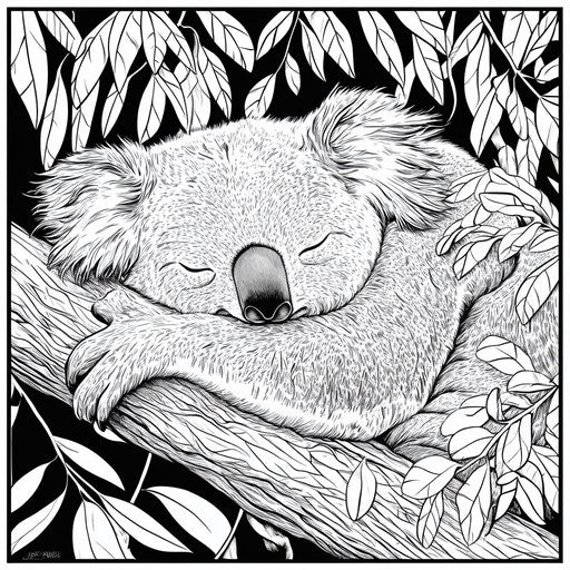 Sleeping koala on a tree branch in lush jungle