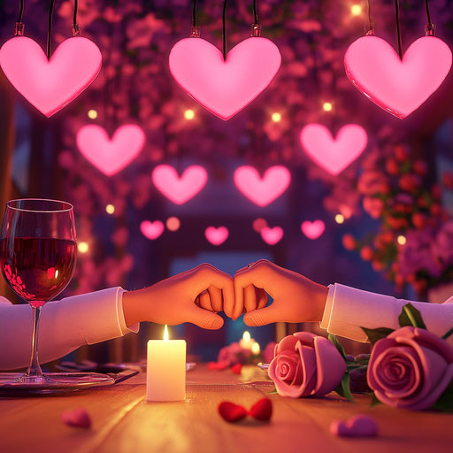Romantic Valentine's Day dinner under heart-shaped lights