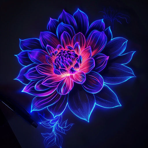 Neon glow dahlia tattoo sketch in dark mode