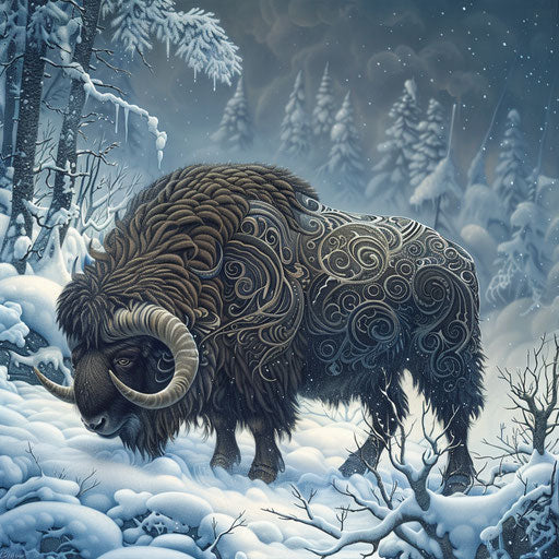 Musk ox in a snowy landscape with intricate details