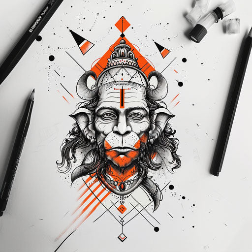 Modern flat tattoo sketch with Hanuman and abstract geometric elements
