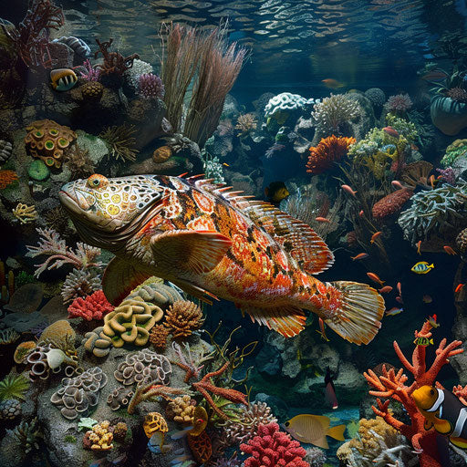 Large grouper by coral garden with diverse marine life