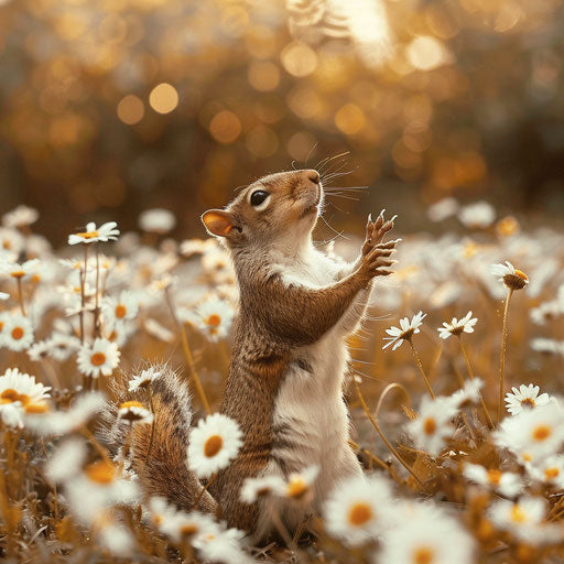 Squirrel standing in a field of daisies