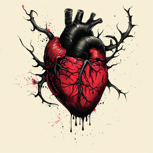 Romantic tattoo sketch of a venomous heart, flat style in deep reds with black thorns