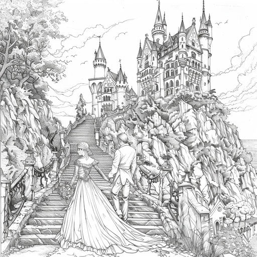 Enchanted castle wedding with mythical creatures, Gennady Spirin style, coloring book page